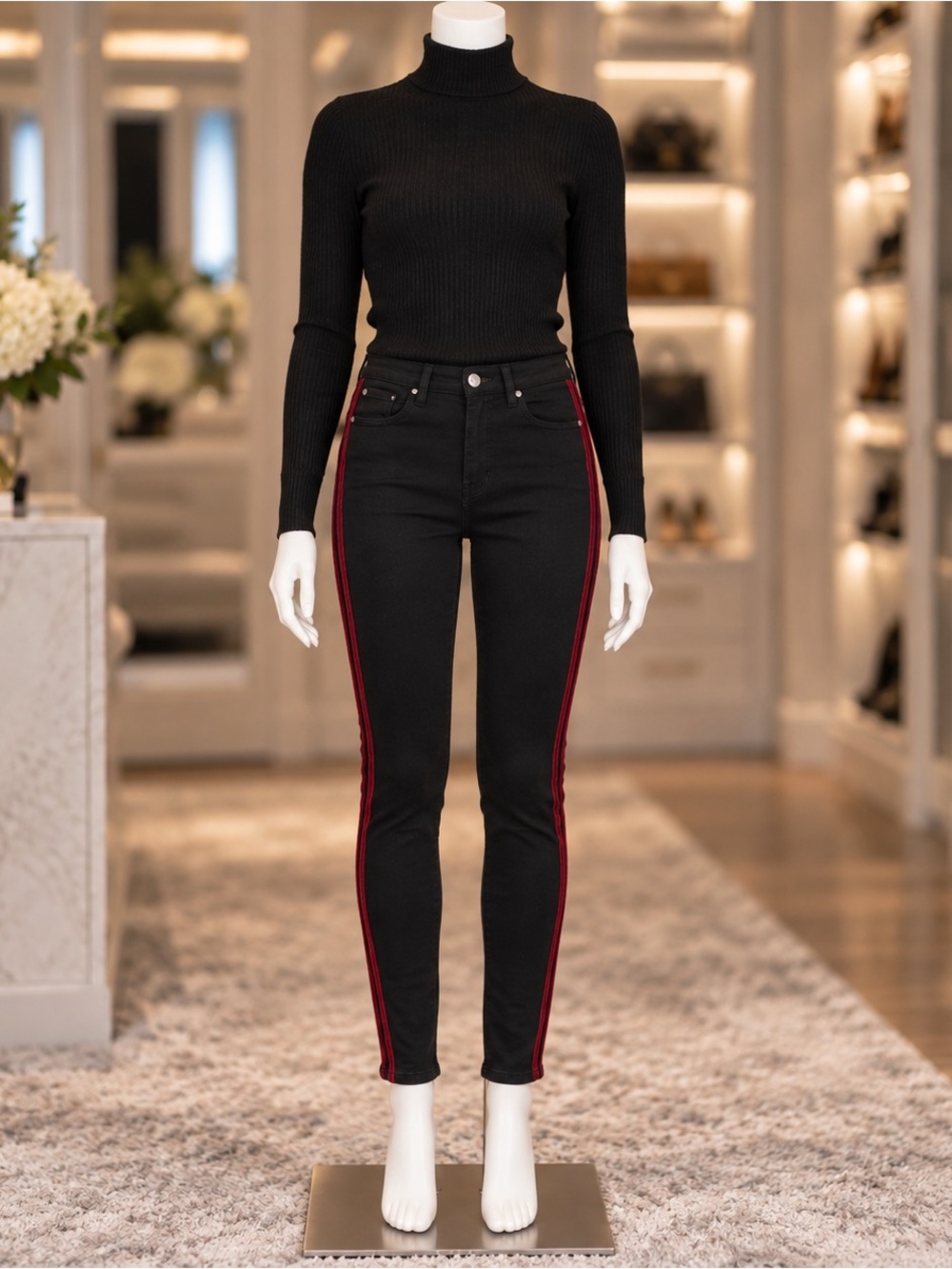 7 For All Mankind Black Skinny Jeans Red Velvet Stripe Size 28